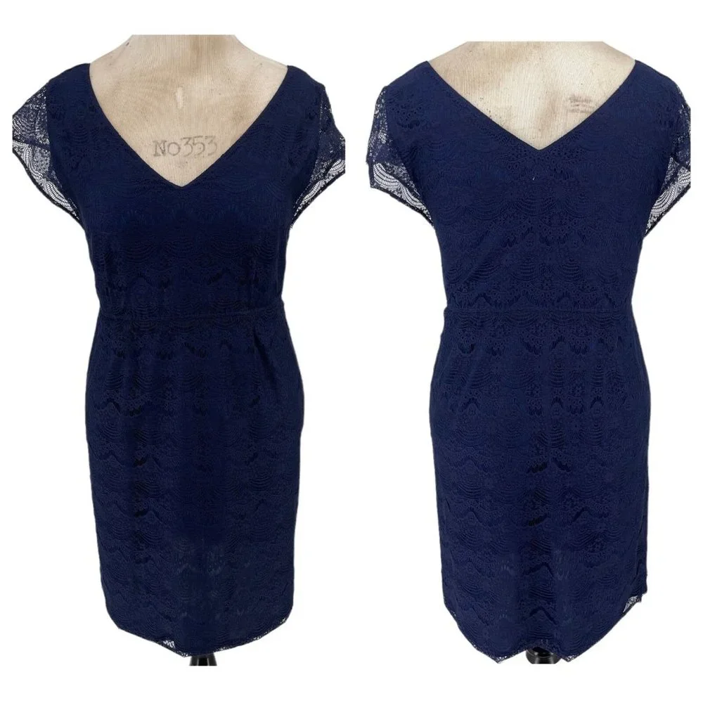 Fossil Penny Lace Dress M Bohemian Cap Sleeve V-Neck Elastic Waist Scallop Navy - Picture 2 of 11